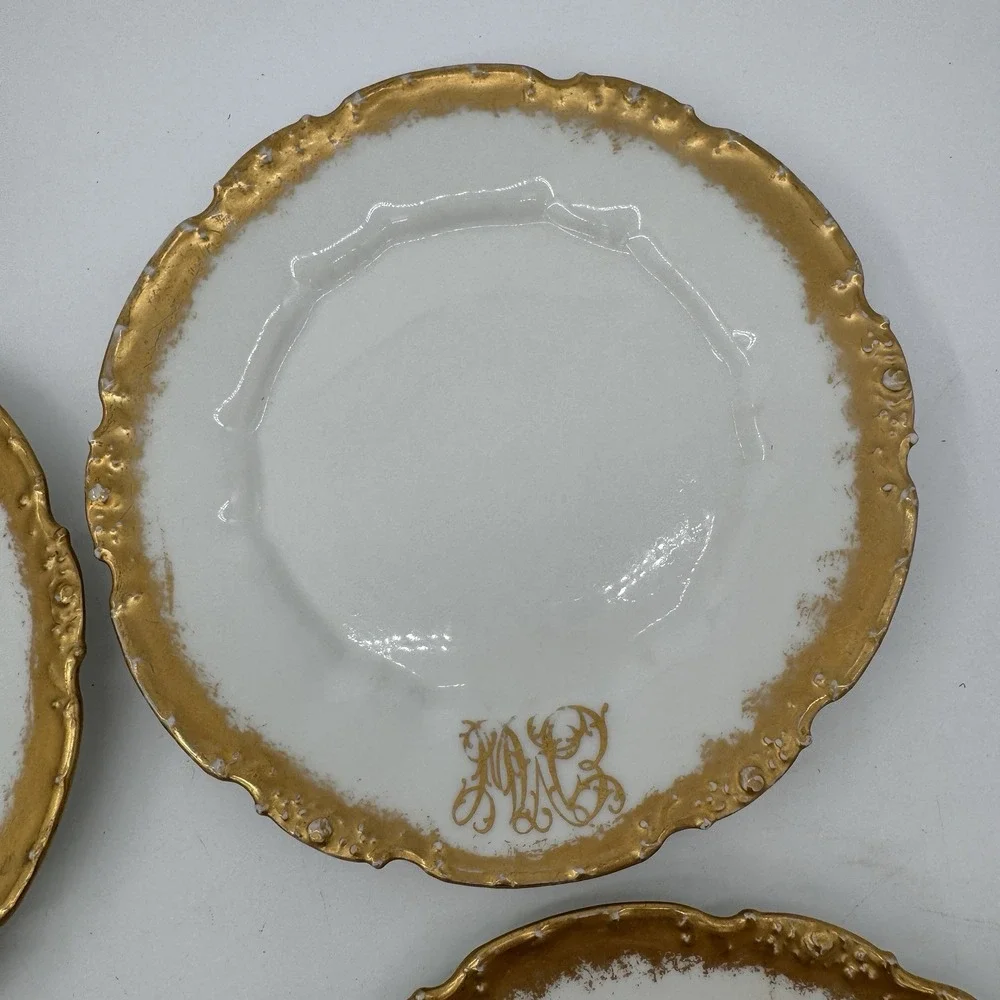 Antique 1909 Set 4 La Seynie P&P Limoges Plates Lycetts Decorators Gold Monogram
